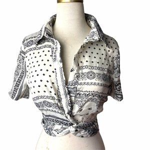 Black and White Print Wrap Around Silky Crop Top
